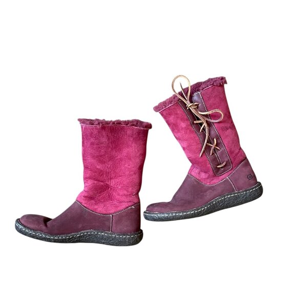 Born Burgundy Suede Leather Faux Sherpa Boots - 7 - Picture 10 of 11